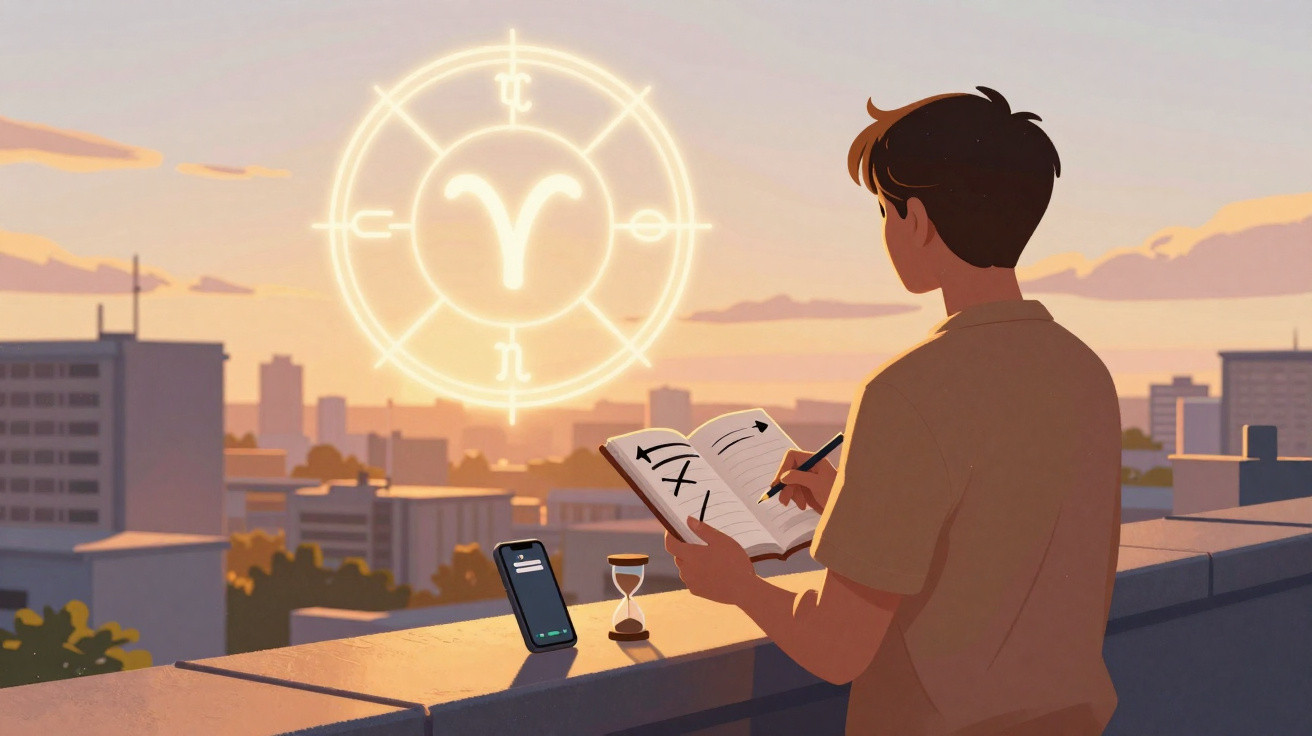 Homem escrevendo em caderno na varanda ao pôr do sol com símbolo zodiacal de Áries brilhando no céu