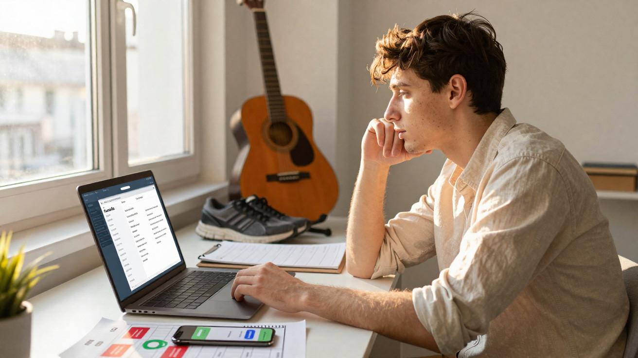 Jovem pensando em frente a laptop, com guitarra, tênis, celular e papéis na mesa próxima à janela.