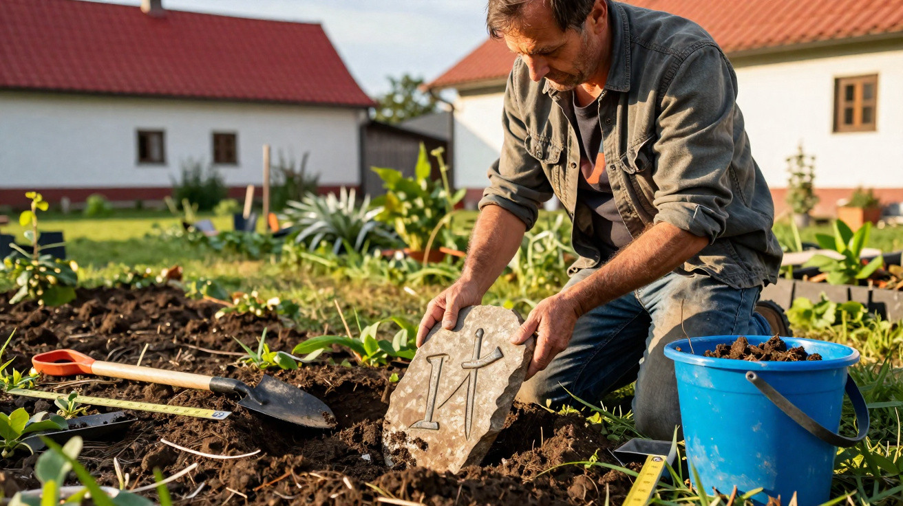 Homem em um jardim coloca pedra com símbolos ao lado de pá e balde azul cheio de terra.