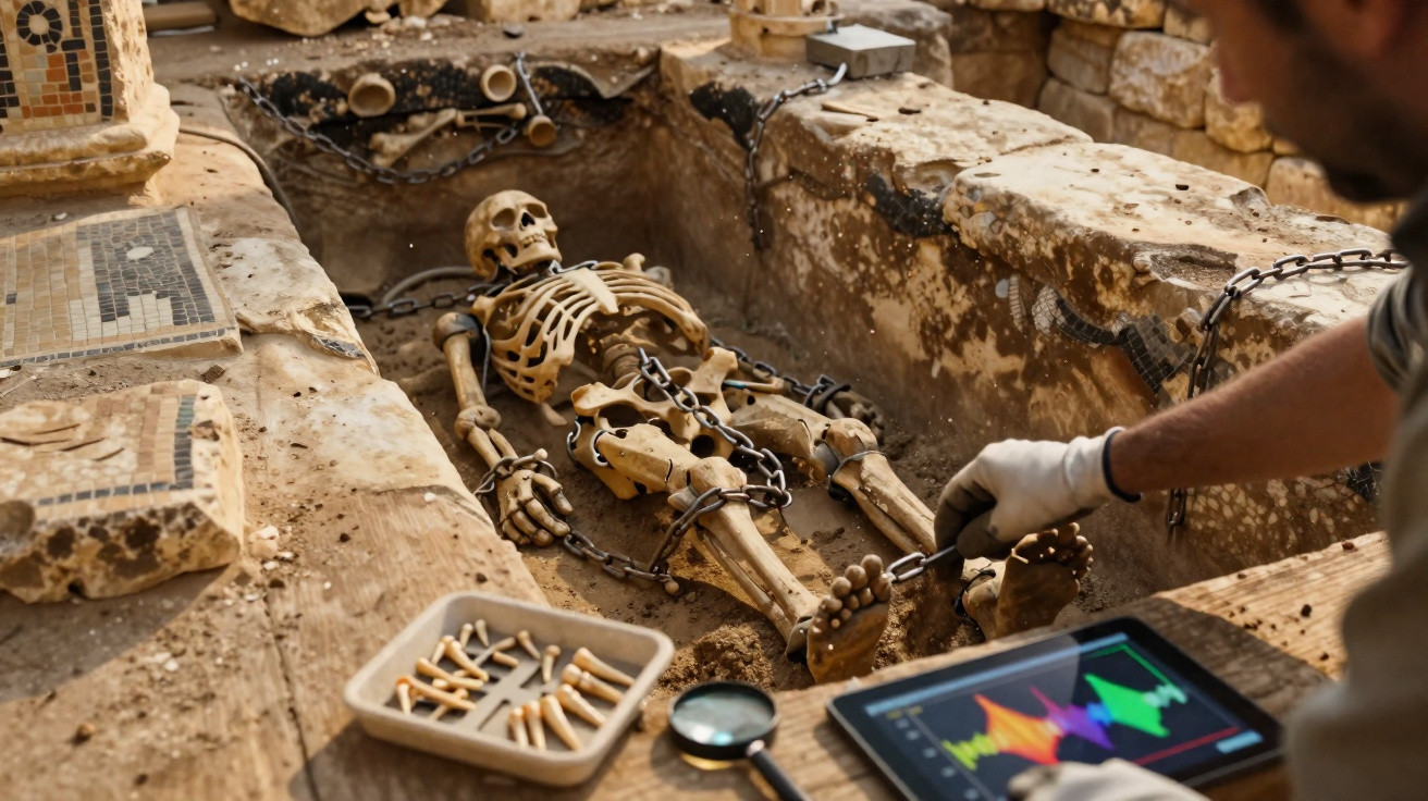 Cientista removendo correntes de esqueleto humano em escavação arqueológica antiga.