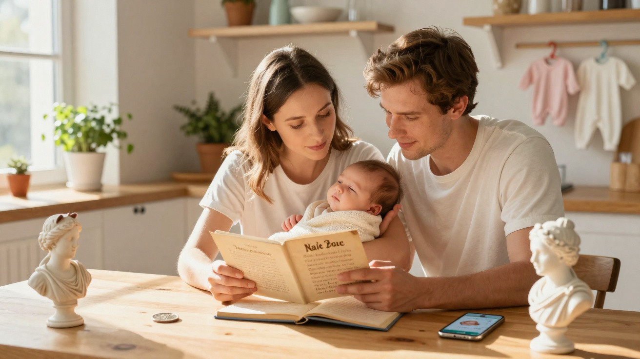 Casal lendo livro para bebê no colo em mesa de madeira com decoração ao redor.