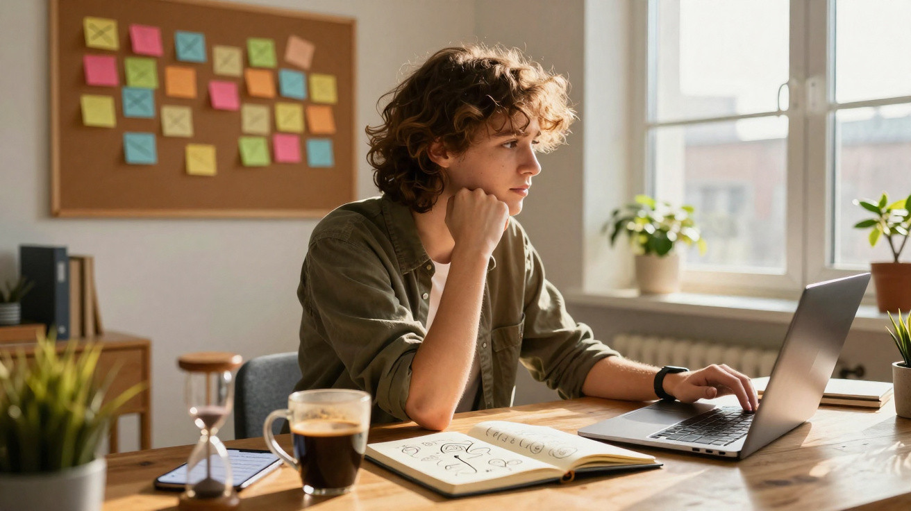 Jovem sentado à mesa, usando notebook, com caderno aberto, café e plantas ao redor em ambiente iluminado.