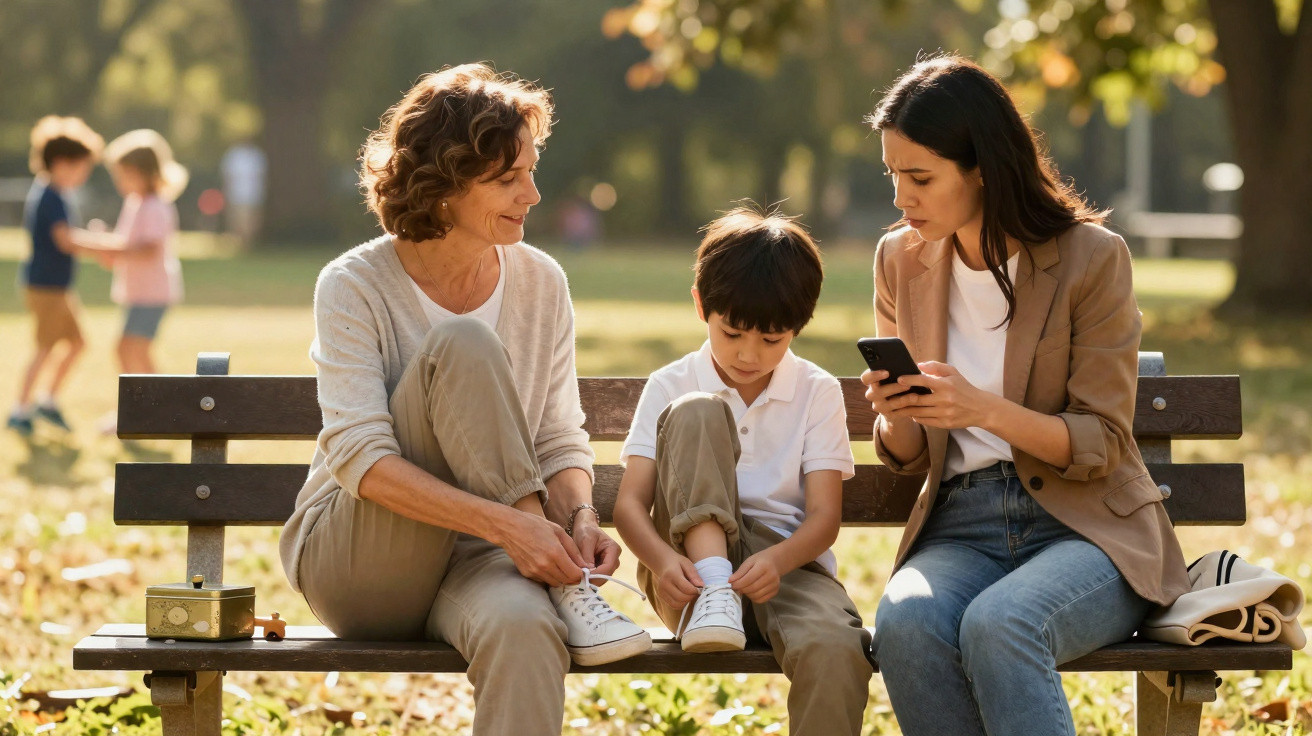 Mulher, criança e jovem sentados em banco no parque, criança amarrando tênis e jovem com celular na mão.