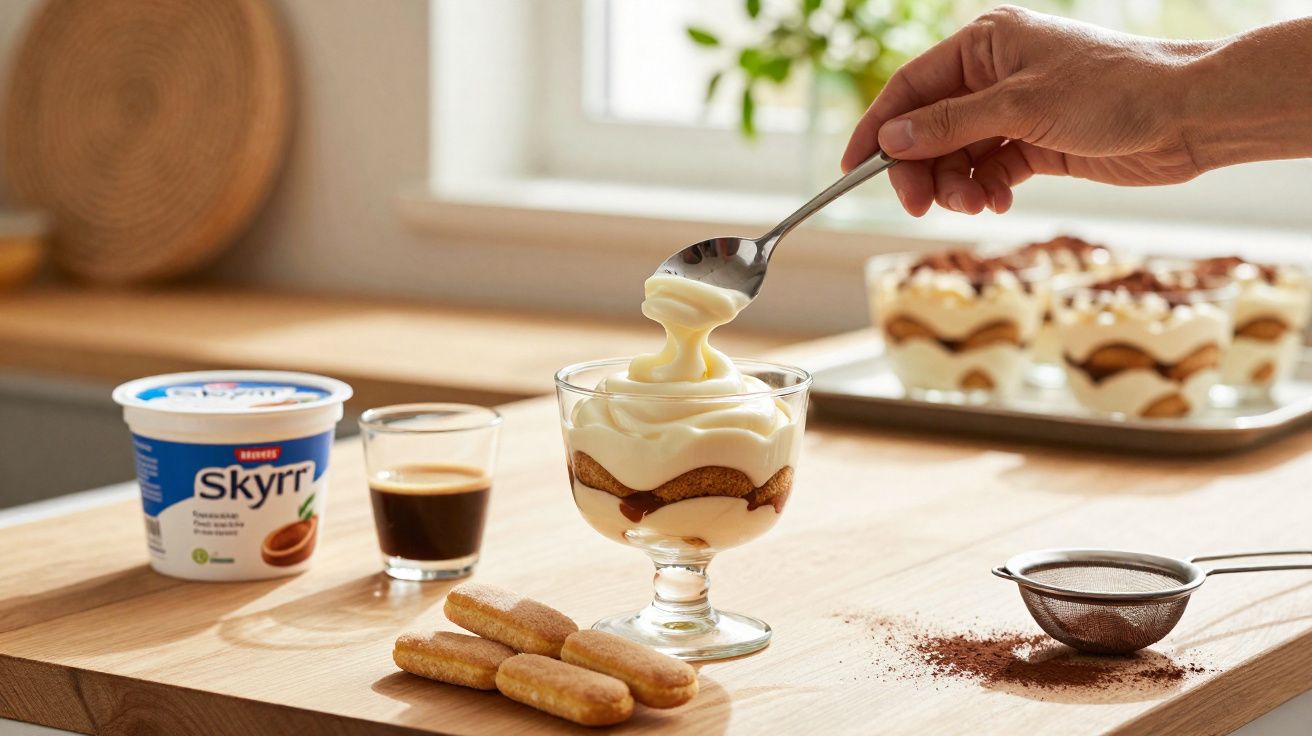 Mão servindo sobremesa cremosa com camadas em taça, ao lado de biscoitos, café e Skyrr na bancada.