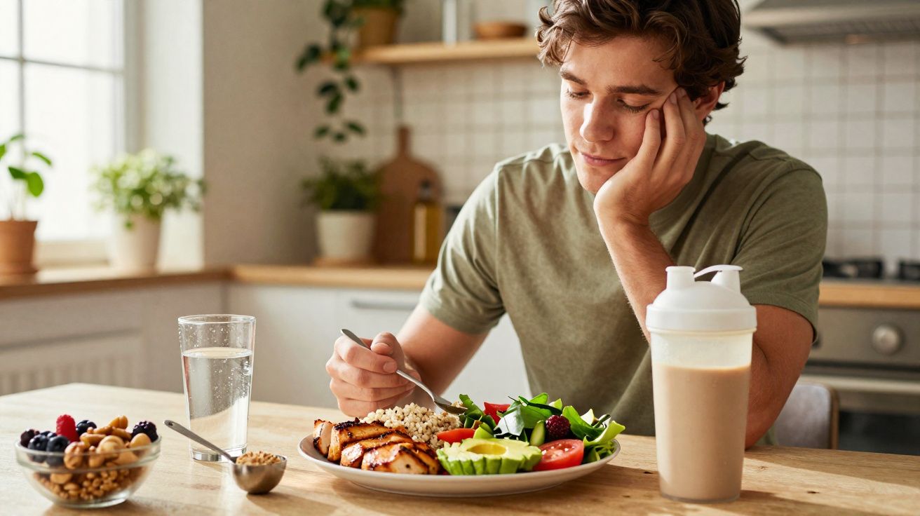 Jovem sentado à mesa olhando com desinteresse para seu prato de comida saudável na cozinha.