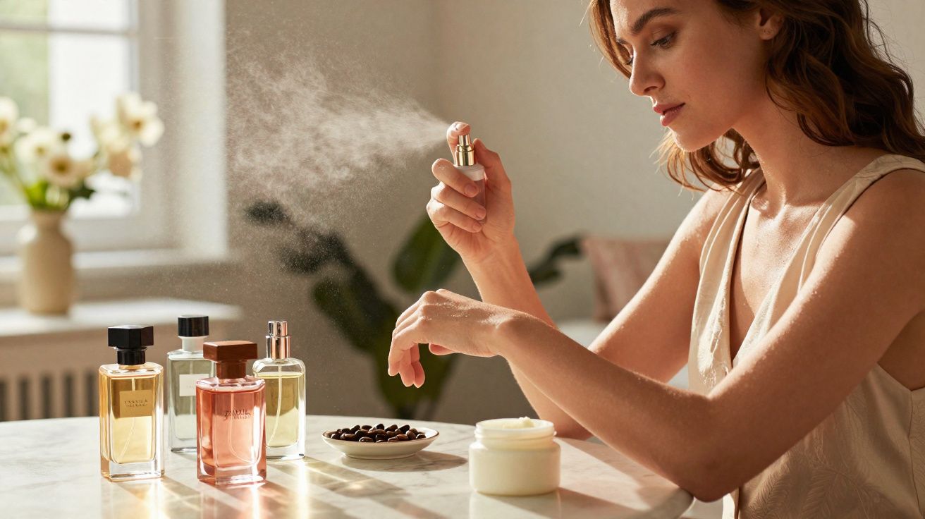 Mulher aplicando perfume no pulso com frascos de perfume e creme sobre mesa iluminada.