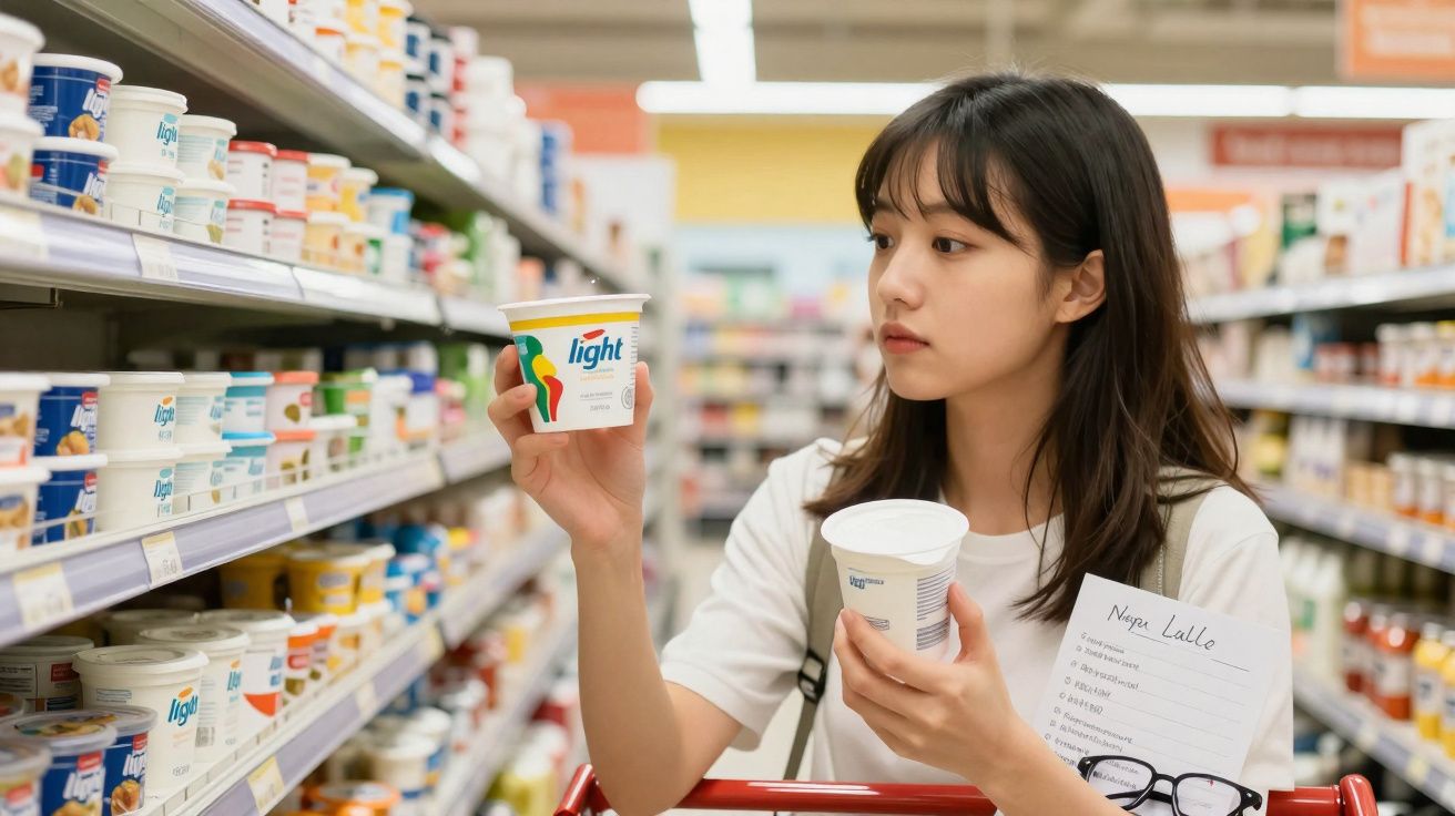 Mulher jovem analisando embalagem de iogurte light em supermercado, segurando lista de compras.