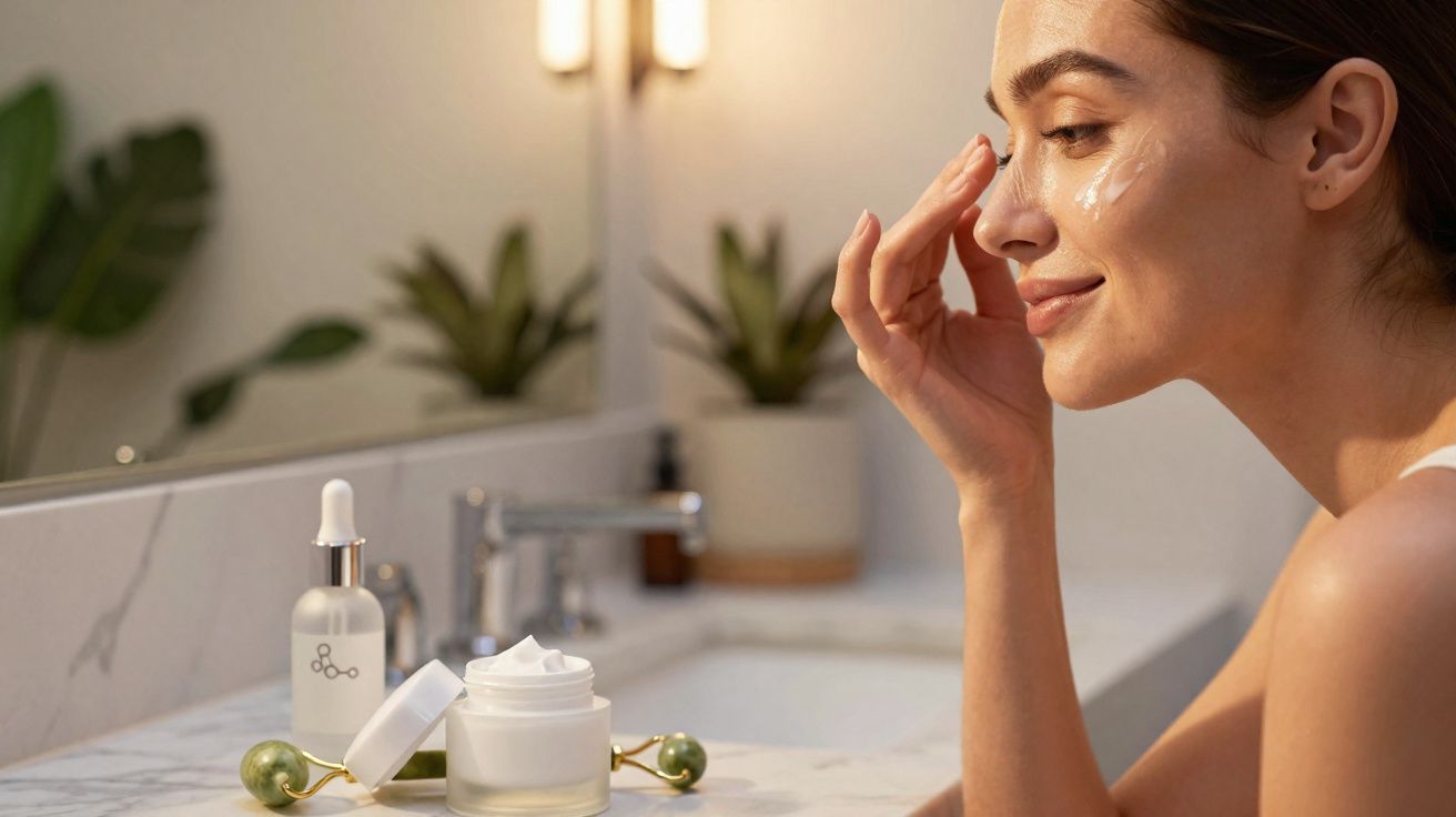 Mulher aplicando creme no rosto em banheiro com produtos de cuidados e espelho ao fundo.