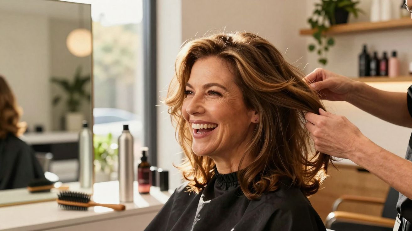 Mulher sorridente recebendo tratamentos no cabelo em salão de beleza moderno e iluminado.