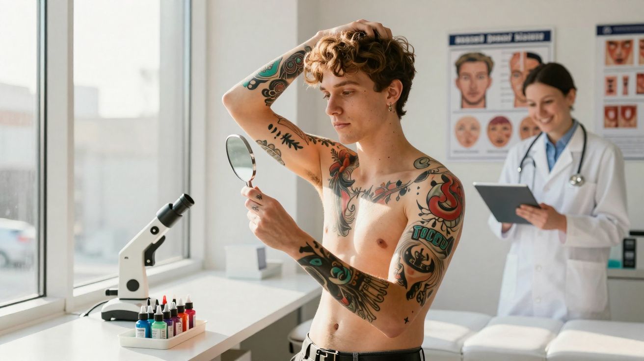 Jovem com tatuagens se examina no espelho segurando lupa enquanto médica sorri ao fundo em consultório.