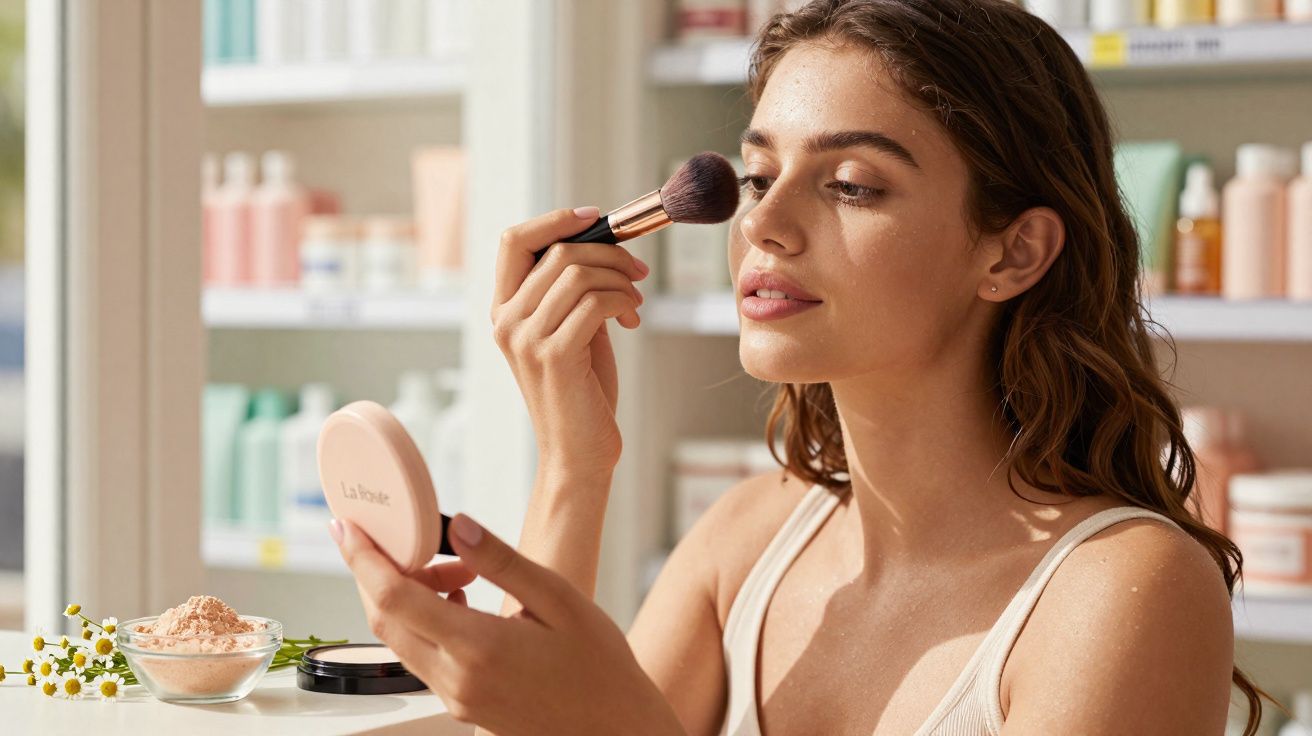 Mulher aplicando pó facial com pincel enquanto se olha em espelho de mão em ambiente iluminado.