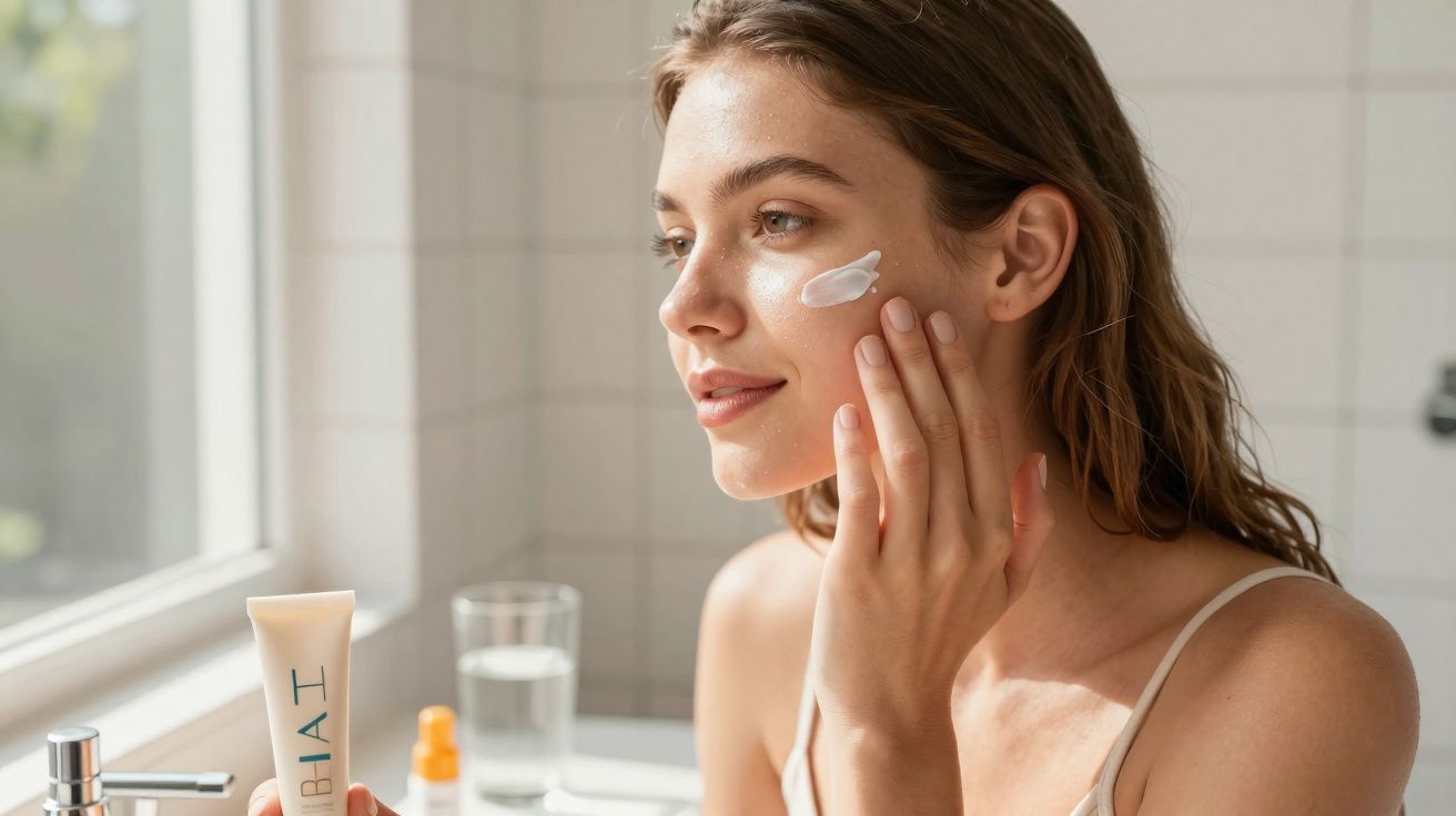 Mulher aplicando creme facial em ambiente iluminado, com produtos de skincare ao fundo.