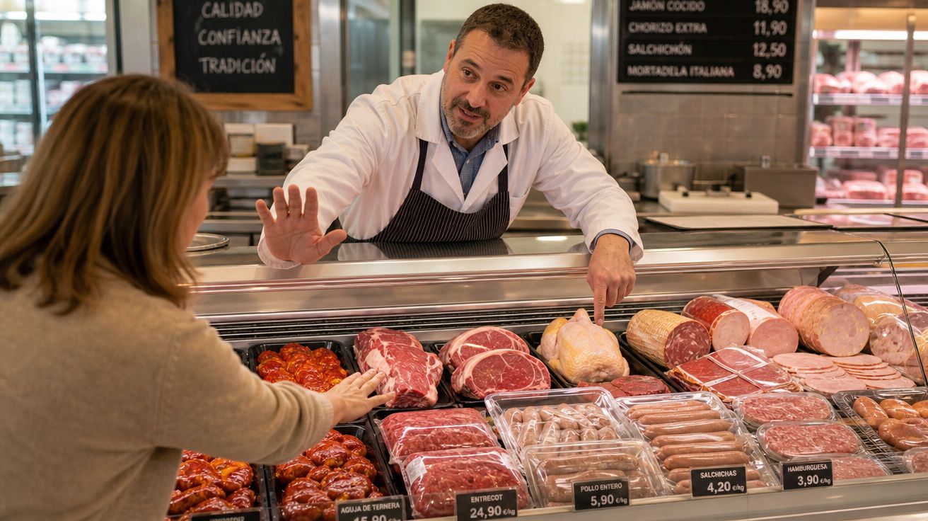 Homem vendendo carnes no balcão enquanto mulher escolhe e aponta para produtos em açougue.