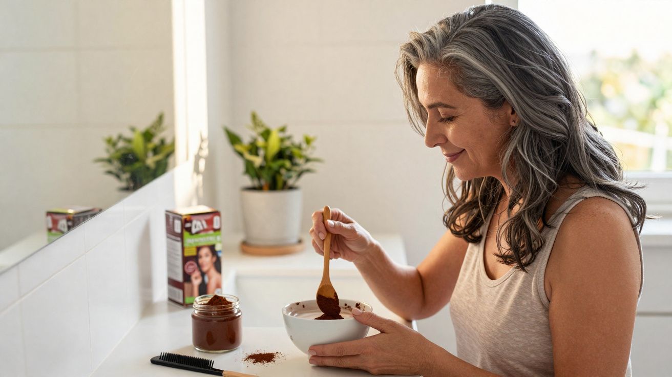 Mulher aplicando henna castanha em pó no cabelo em casa, sentada à frente de um espelho no banheiro.
