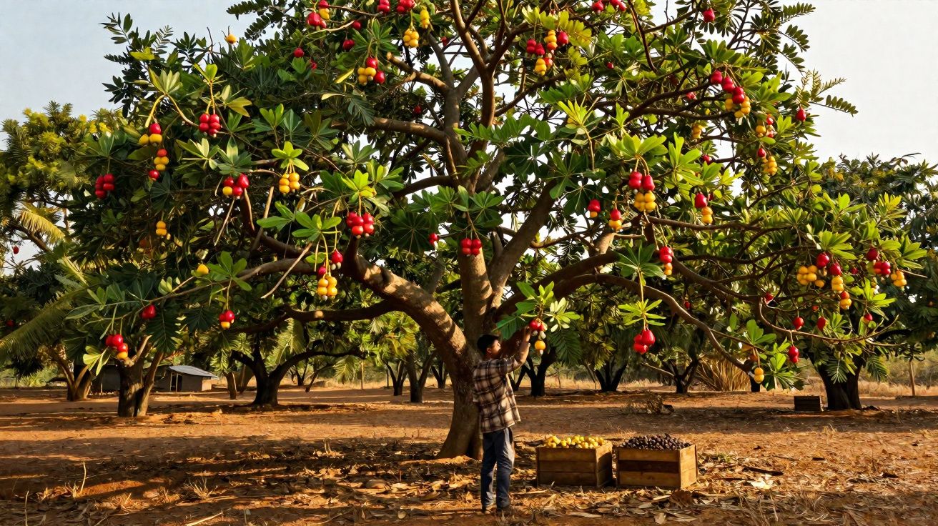 Homem colhendo frutos vermelhos e amarelos em árvore adulta em pomar seco com caixas de colheita no chão.