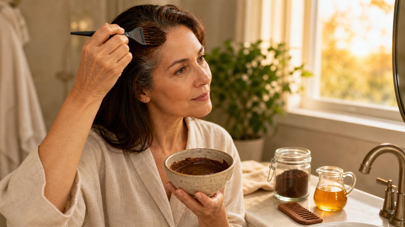 Mulher aplicando tratamento caseiro no cabelo com pincel dentro de banheiro iluminado pela janela.