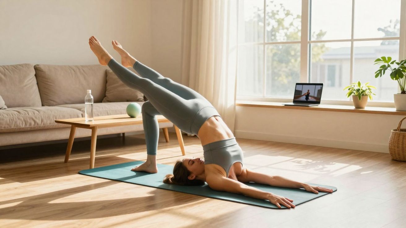 Mulher fazendo exercício de ponte com elevação de pernas em tapete, acompanhando aula de yoga online.