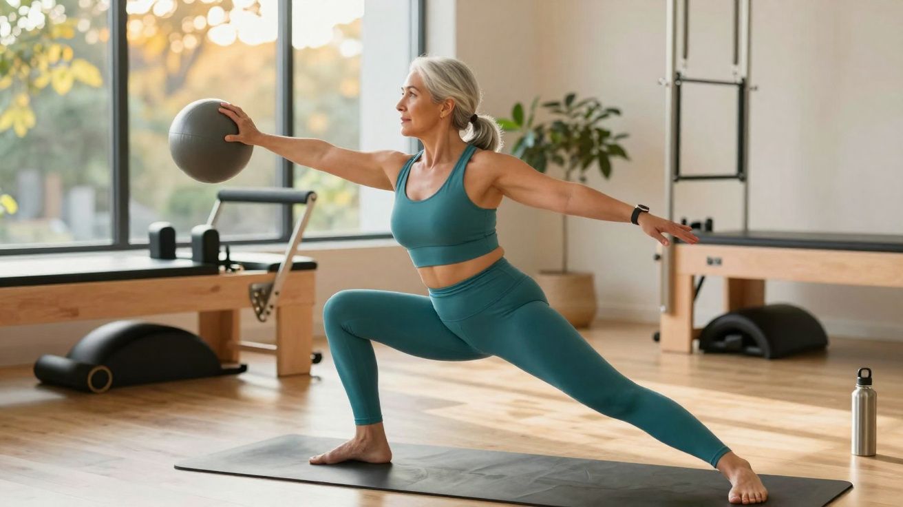 Mulher praticando alongamento com bola em estúdio de pilates iluminado por luz natural.
