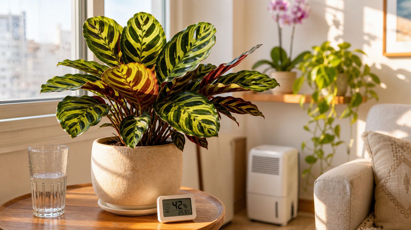 Planta em vaso em mesa de madeira ao lado de copo d'água e umidificador digital em sala iluminada.
