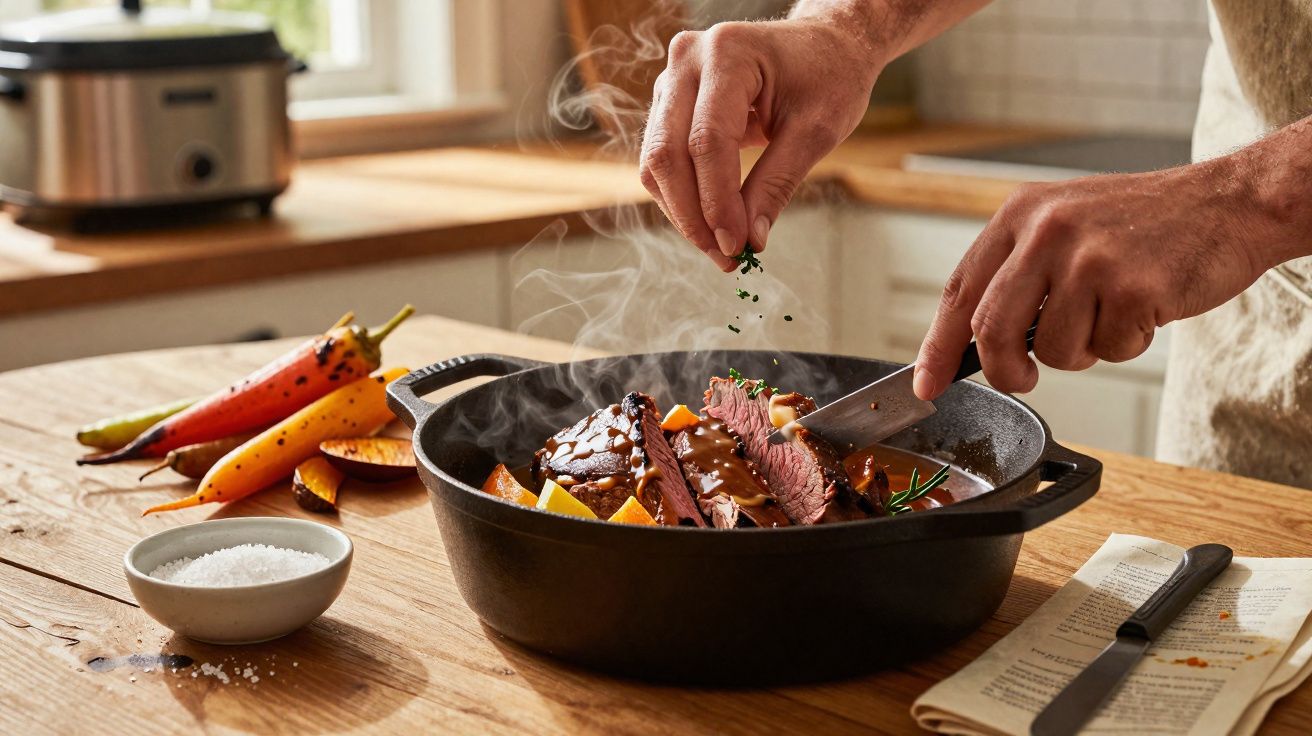 Pessoa temperando bife suculento em panela com legumes numa cozinha iluminada, ao lado de cenouras e sal.