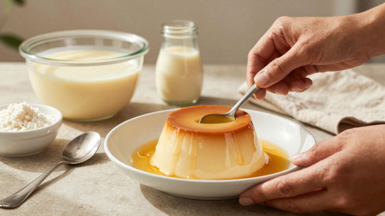 Pudim de leite condensado com calda de caramelo em prato branco, preparado à mão com ingredientes ao fundo.