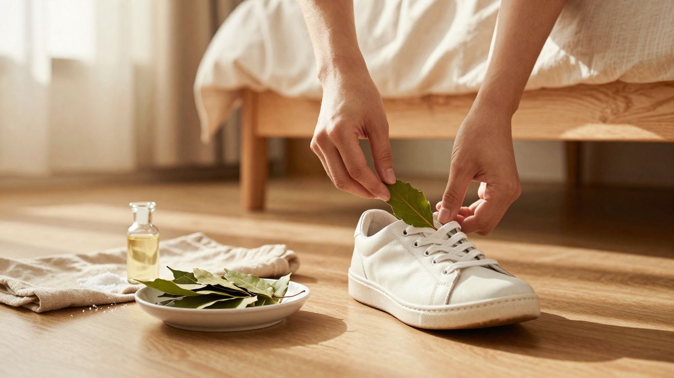 Pessoa colocando folhas naturais dentro de um tênis branco sobre chão de madeira.