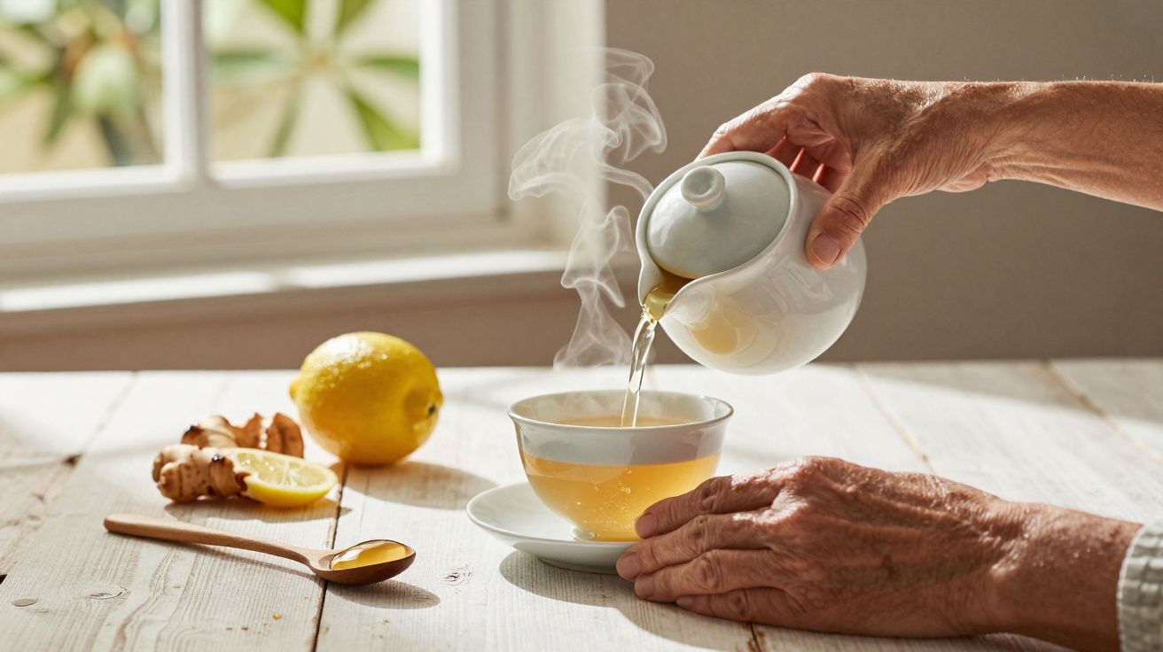 Mãos servindo chá em xícara com vapor, limão, gengibre e mel sobre mesa de madeira clara.