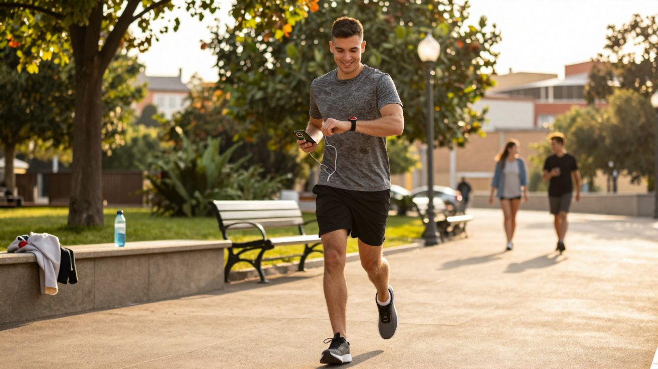 Homem correndo em parque urbano ensolarado, olhando relógio de pulso e segurando celular.