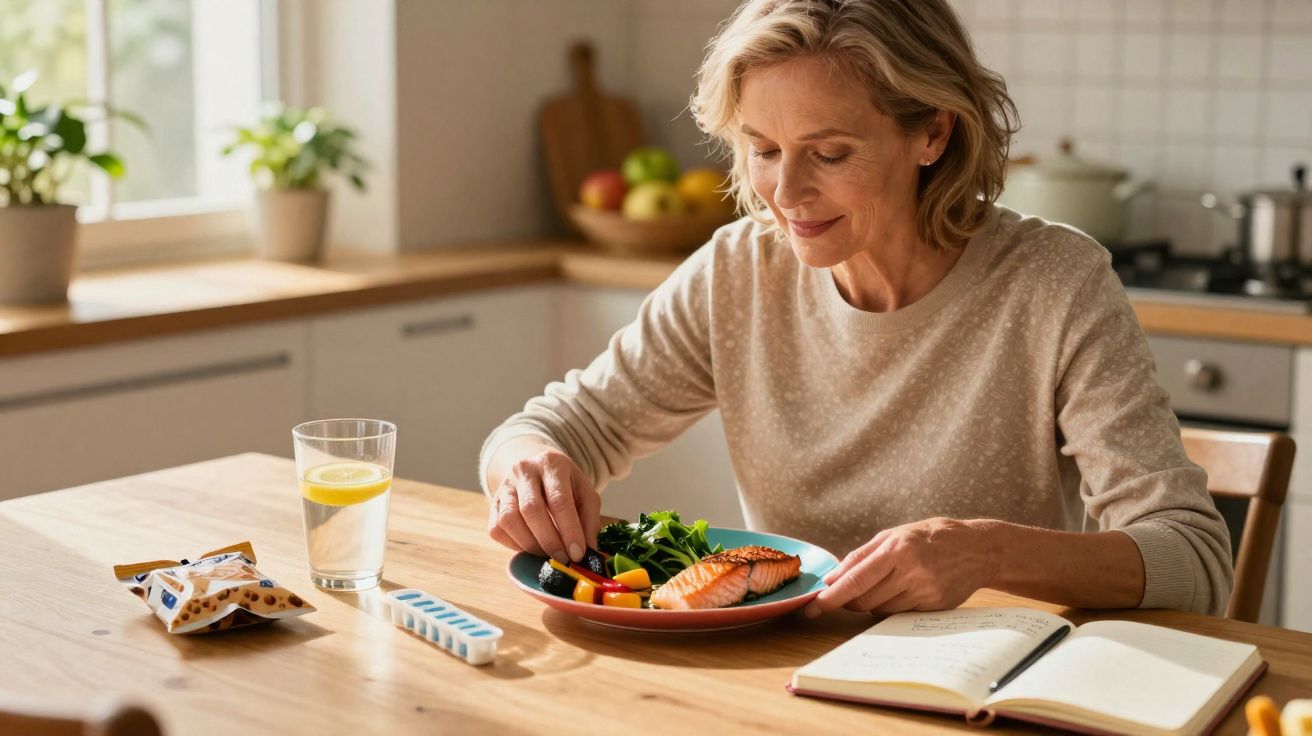 Mulher sorrindo almoça salmão e legumes na cozinha com copo de água e remédios na mesa.