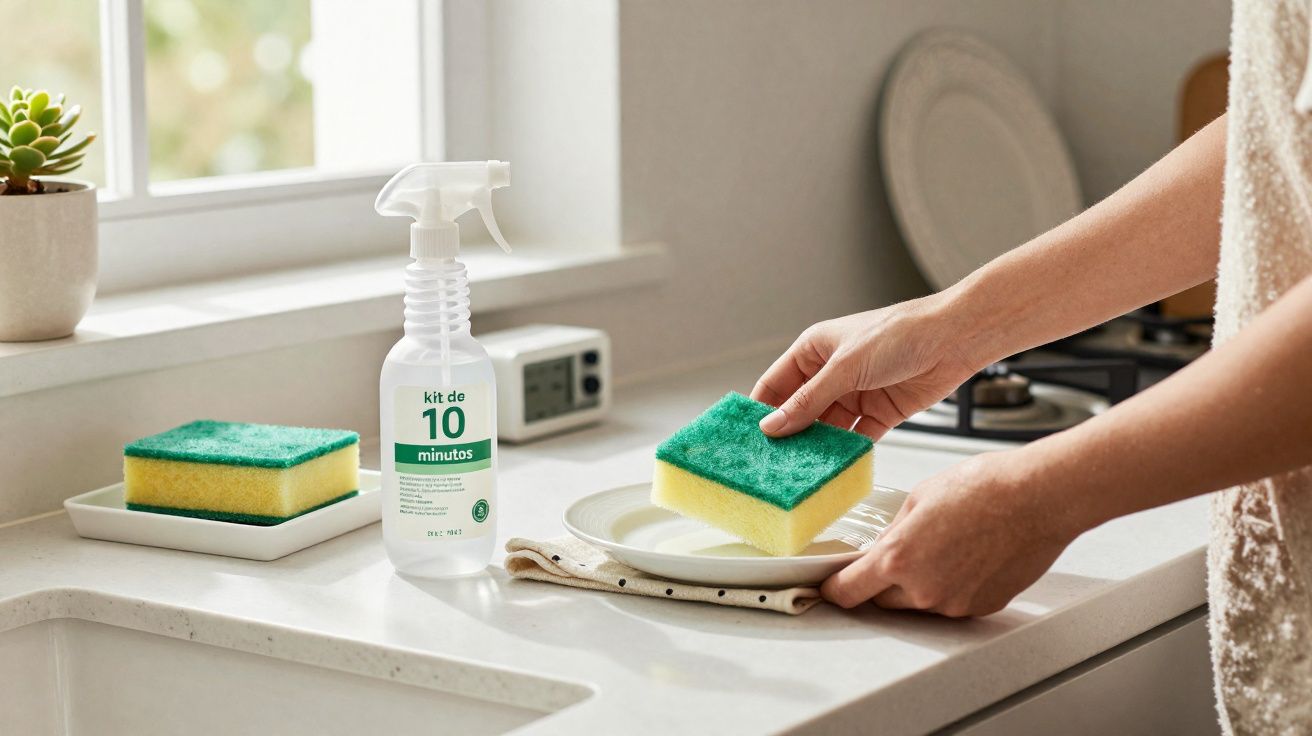 Pessoa segurando esponja amarela com parte verde, ao lado de produto spray e outra esponja na bancada da cozinha.
