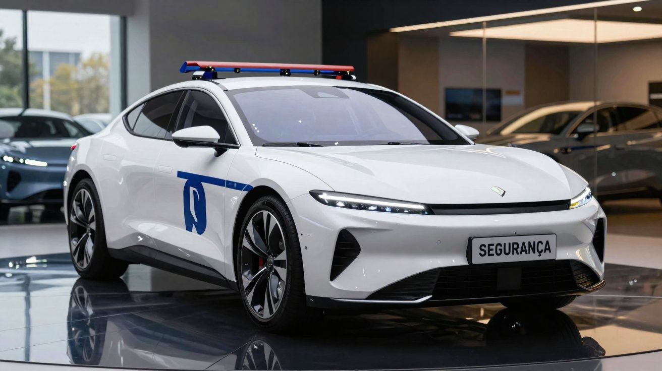 Carro policial elétrico branco com luzes de sirene no teto exibido em ambiente interno.