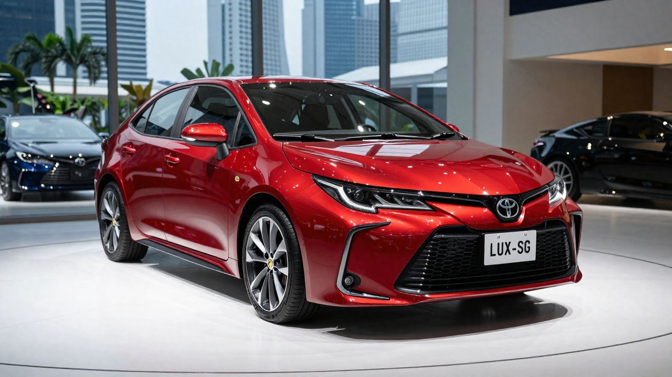Carro sedan vermelho Toyota exposto em showroom moderno com prédios ao fundo.