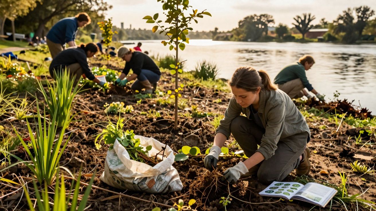 Grupo de pessoas plantando mudas à beira de um rio em um dia ensolarado.