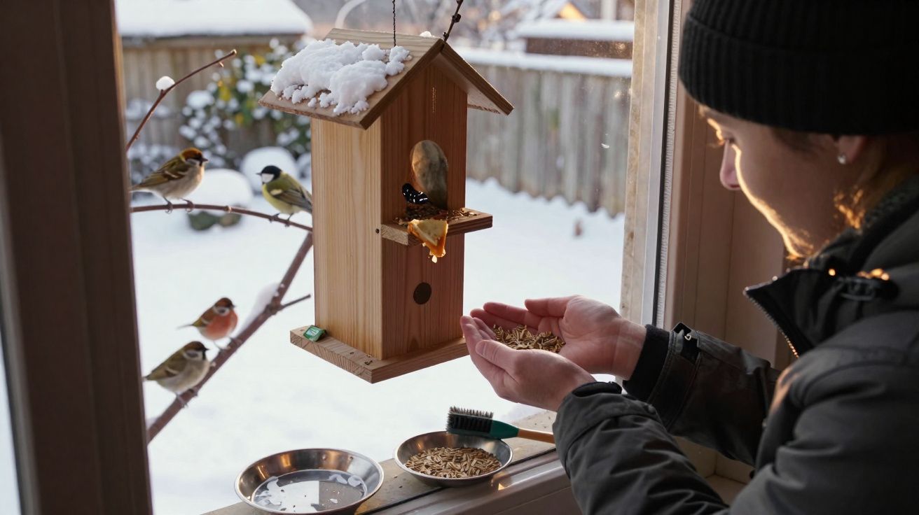 Pessoa alimentando pássaros em comedouro de madeira perto de janela em dia de neve.