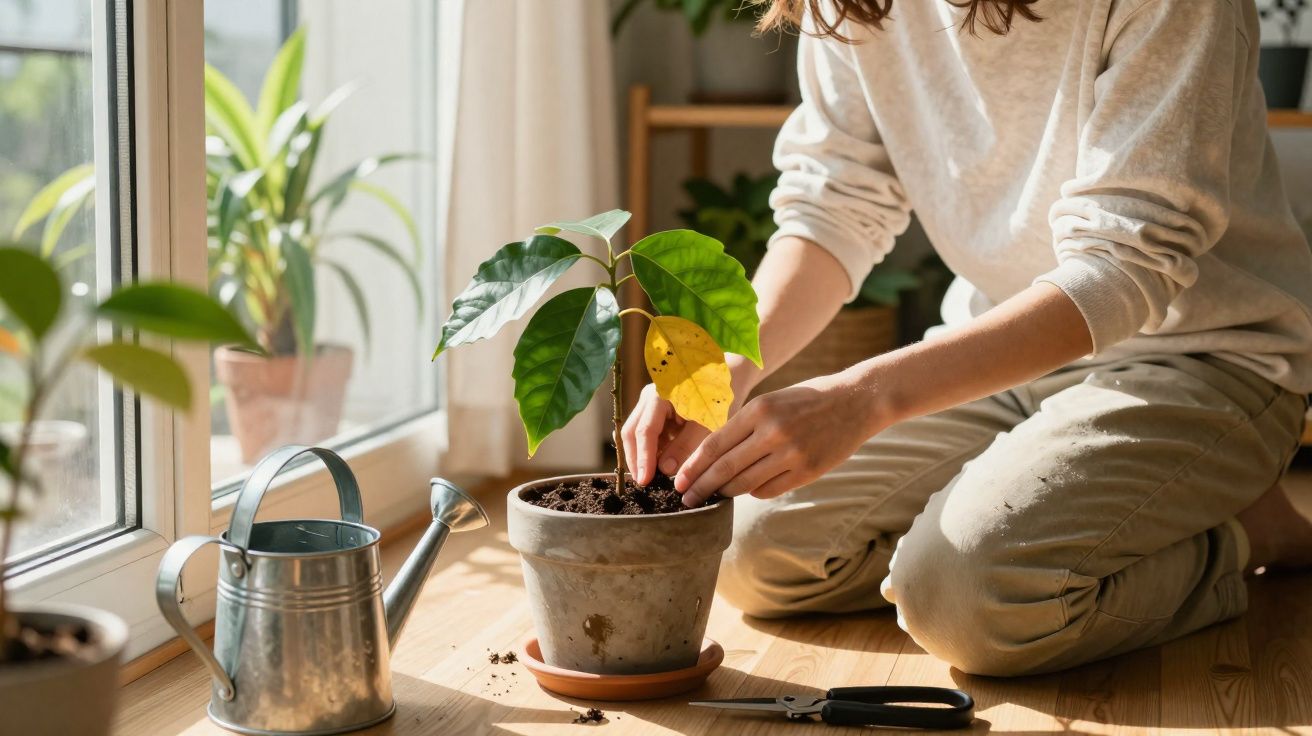 Pessoa cuidando de planta em vaso próximo à janela com regador e tesoura ao lado.