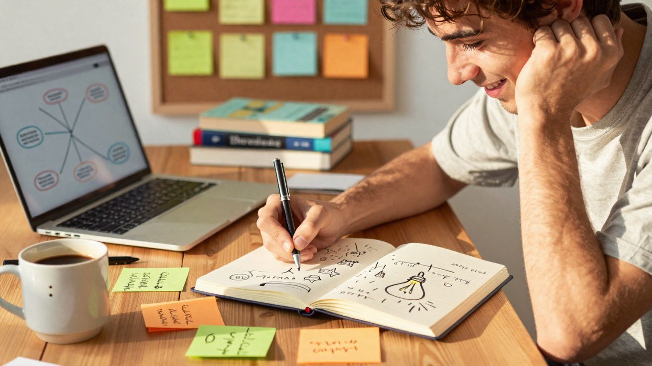 Jovem estudando em mesa com caderno, laptop, caneca de café e post-its coloridos organizados.