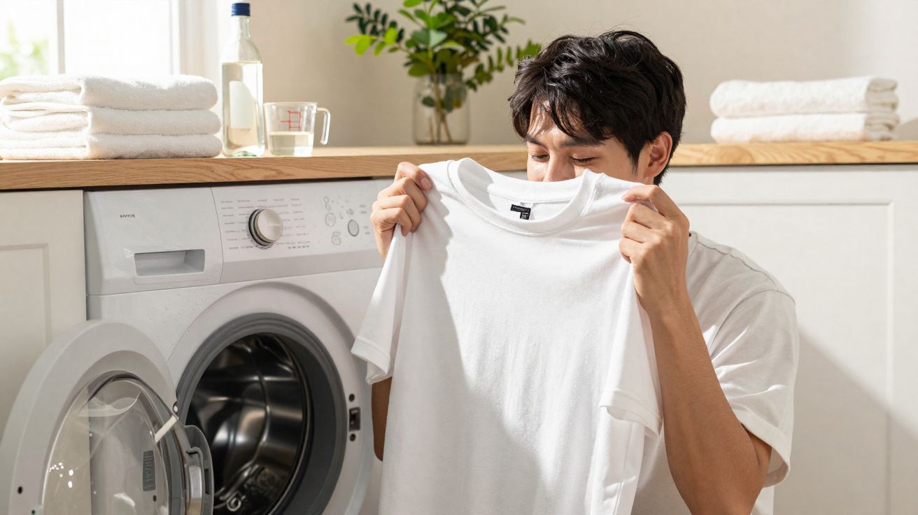Homem cheirando camiseta branca limpa ao lado de máquina de lavar roupas aberta e toalhas empilhadas.