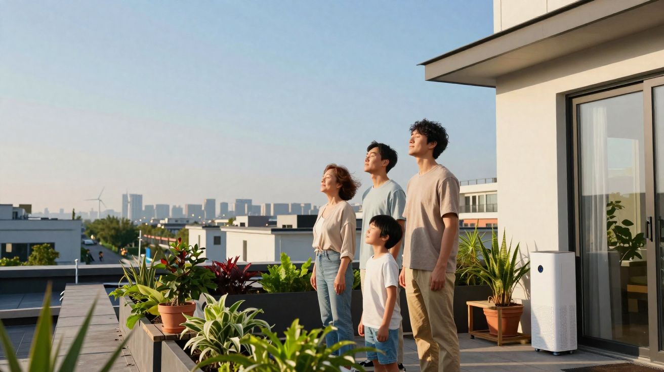 Família asiática observando horizonte em varanda ampla com plantas sob céu claro ao entardecer.