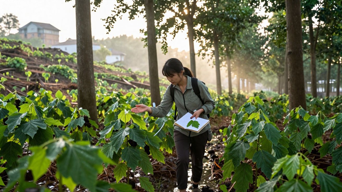 Mulher com caderno analisa plantas verdes em horta ao amanhecer, cercada por árvores e luz solar.