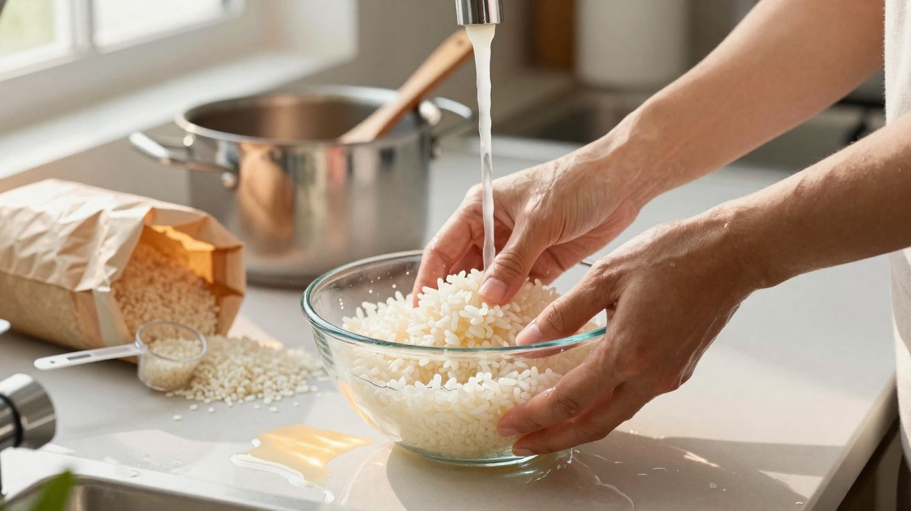 Mãos lavando arroz em uma tigela de vidro sob água corrente na pia da cozinha com panela ao fundo.