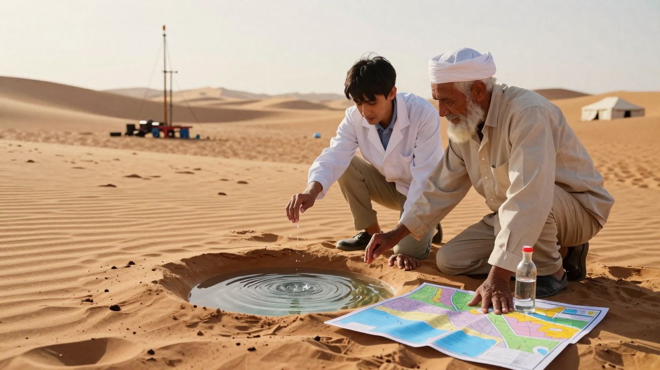 Dois homens examinando água em poço no deserto com mapa e garrafa ao lado.