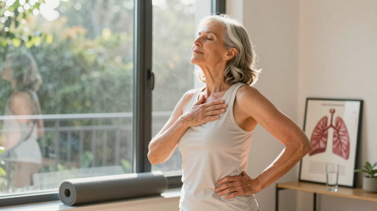 Mulher idosa faz exercício respiratório em ambiente interno com janela e quadro dos pulmões ao fundo.