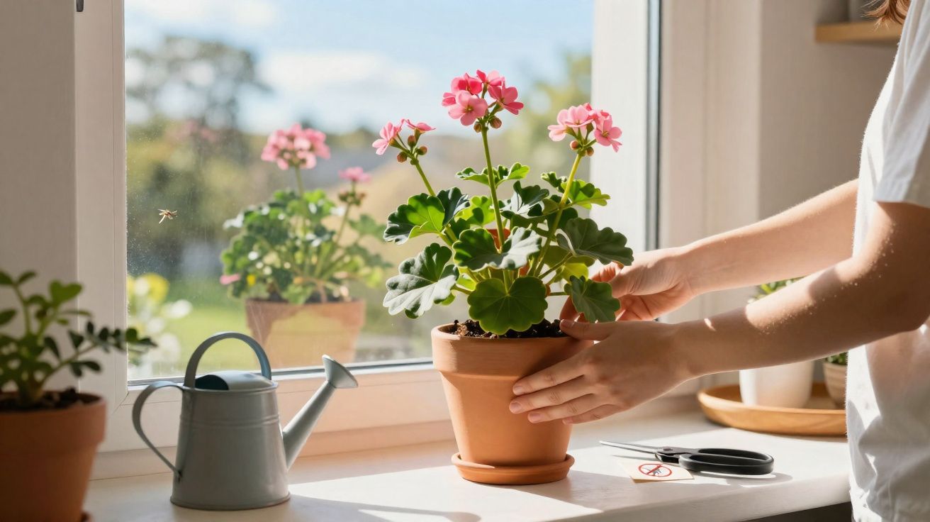 Pessoa cuidando de planta com flores rosas em vaso de barro próximo a janela ensolarada.