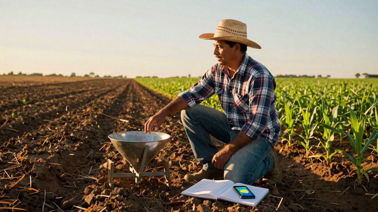 Agricultor de chapéu verifica o solo em plantação, com caderno e celular ao lado.