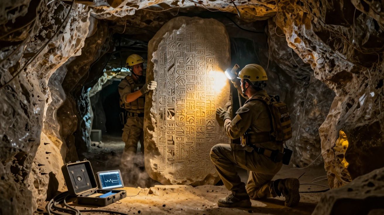 Dois arqueólogos com capacetes exploram uma pedra antiga com inscrições em uma caverna iluminada.