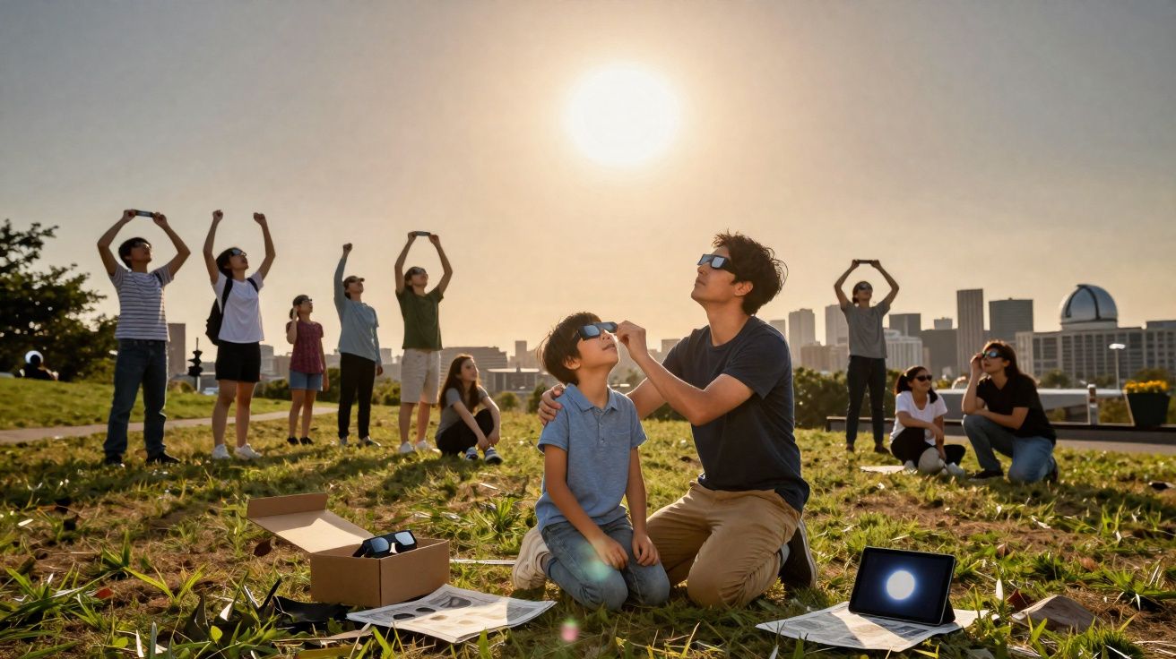 Pessoas observando eclipse solar com óculos especiais em campo aberto durante o pôr do sol na cidade.