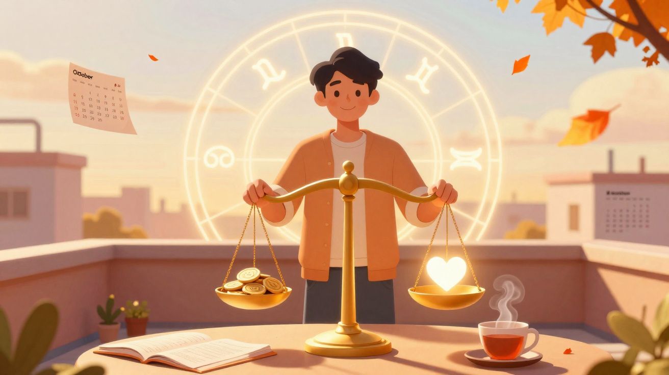 Ilustração de jovem segurando balança com moedas e coração, fundo com símbolos do zodíaco e ambiente outonal.