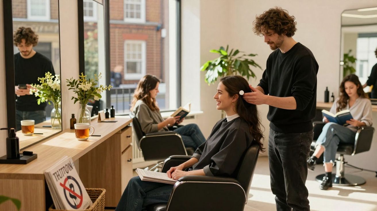 Salão de beleza com cabeleireiro penteando cabelo de cliente enquanto outras pessoas leem revistas.
