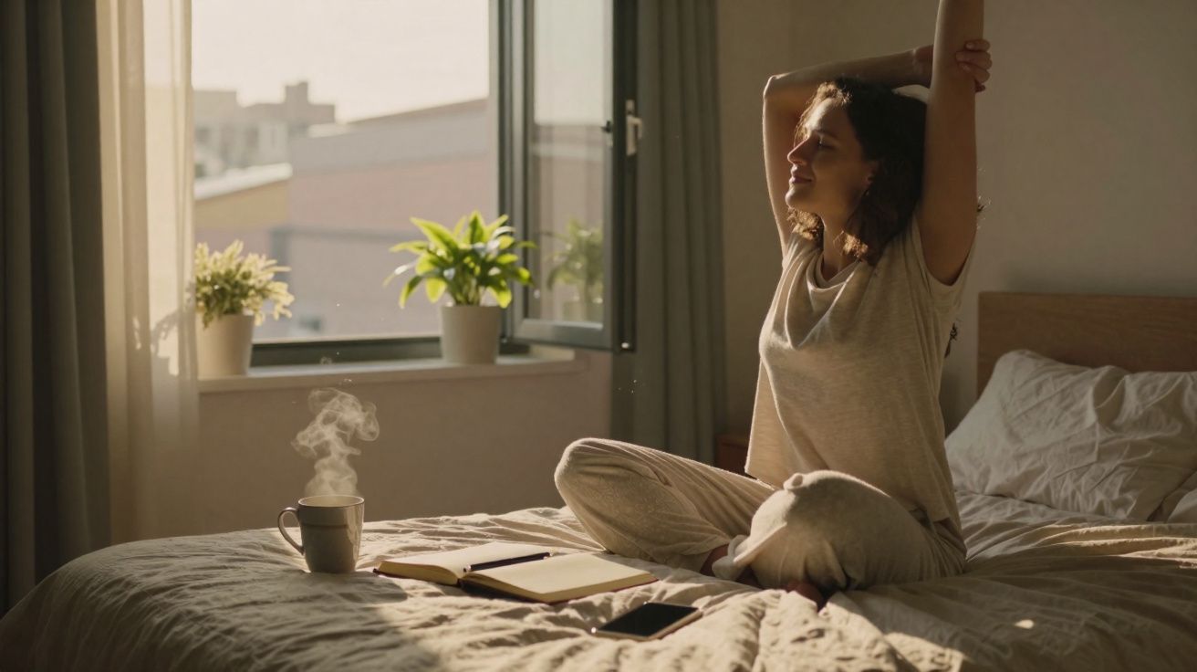 Mulher esticando os braços sentada na cama de manhã com luz natural, plantas, café quente e livro aberto.