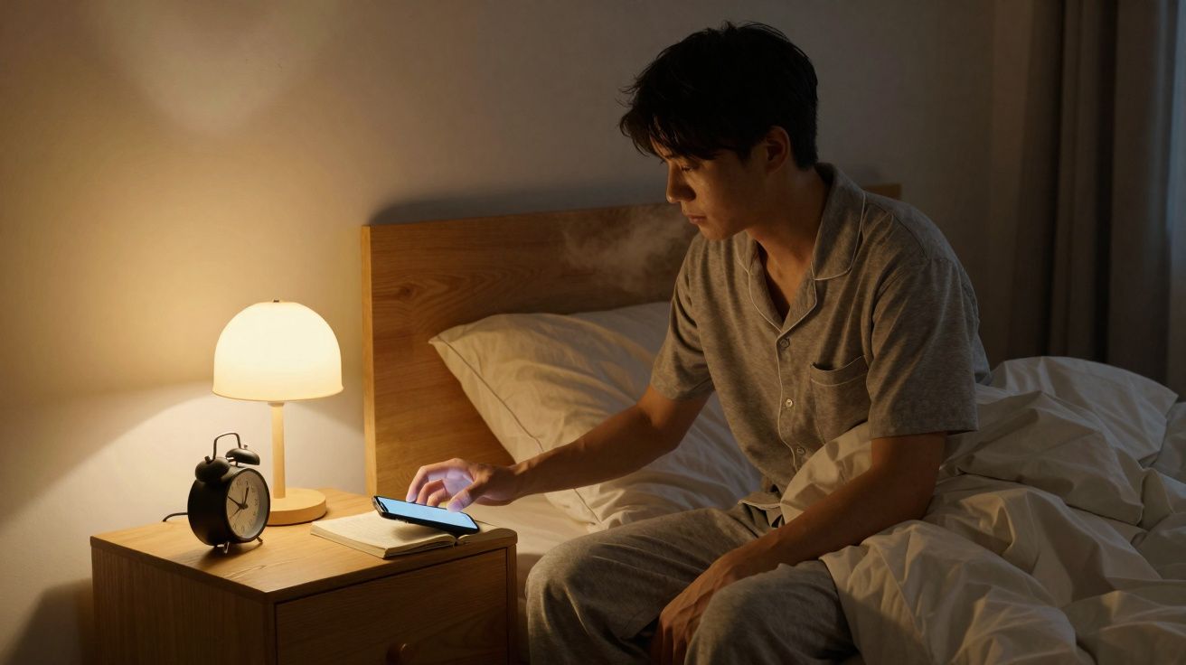 Homem sentado na cama, usando celular próximo a mesa de cabeceira com abajur aceso e despertador.